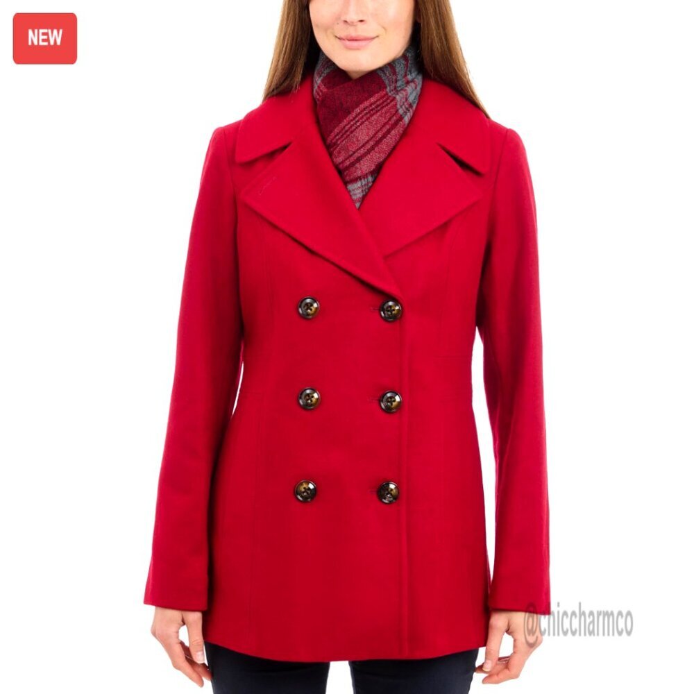 Plus Size Wool Blend Peacoat with Scarf, Double Breasted Winter Coat